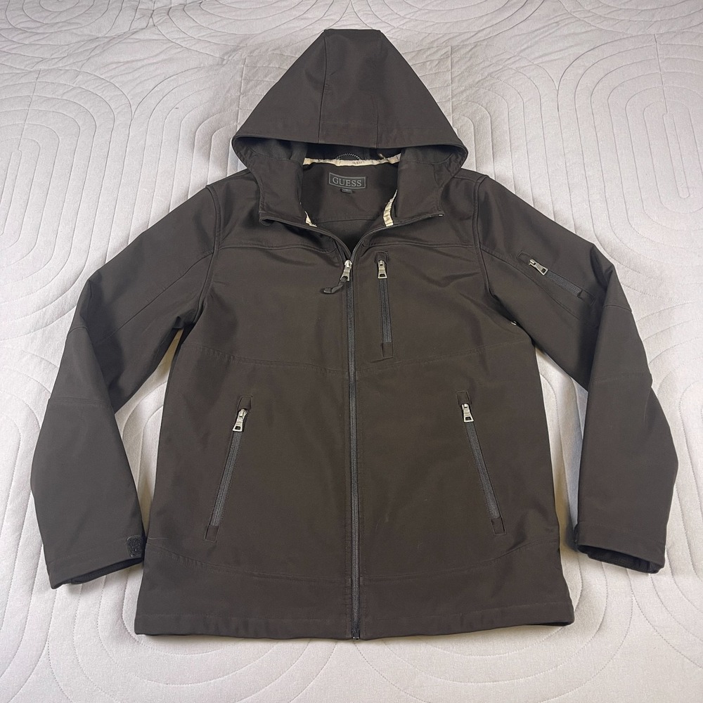 GUESS Men's Winter Softshell Hooded Jacket Black M Warm Full Zip Coat Pockets
